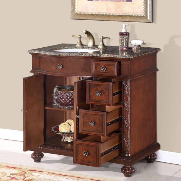 Silkroad Exclusive 36-in English Chestnut Single Sink Bathroom Vanity with Baltic Brown Granite Top