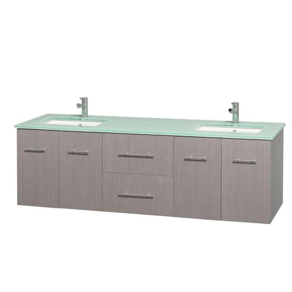 Wyndham Collection Centra 72 in. Double Vanity in Gray Oak with Glass Vanity Top in Green and Undermount Sinks