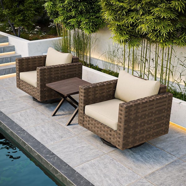 3-Piece Outdoor Swivel Conversation Set-Wicker Rockers + Coffee Table with Beige Cushions