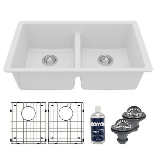 QU-810 Quartz/Granite 32 in. Double Bowl 50/50 Undermount Kitchen Sink in White with Bottom Grid and Strainer