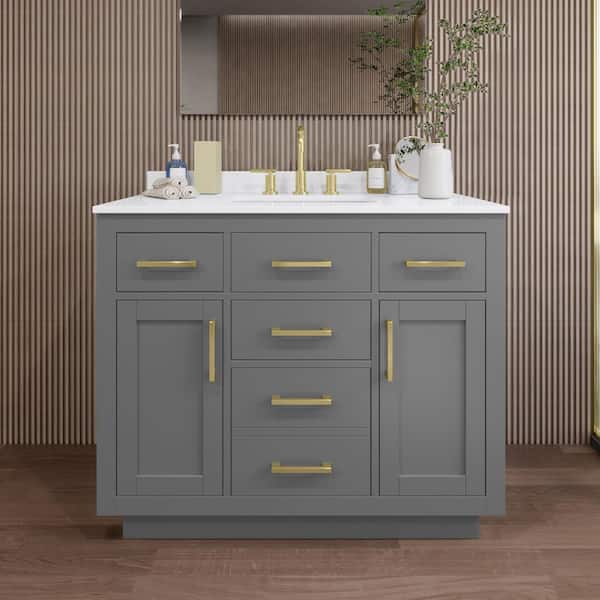 Wyndham Collection Beckett TK 42 in. W x 22 in. D x 35 in. H Single Bath Vanity in Dark Gray with White Quartz Top