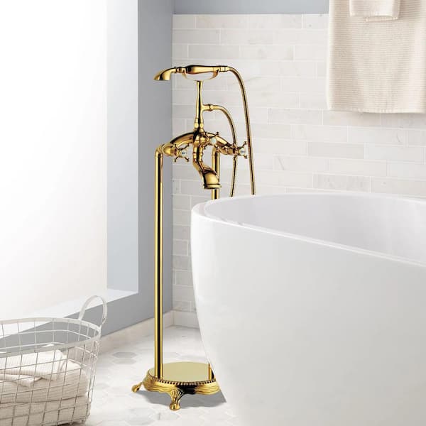 3-Handle Claw Foot Freestanding Tub Faucet with Hand Shower in. Gold