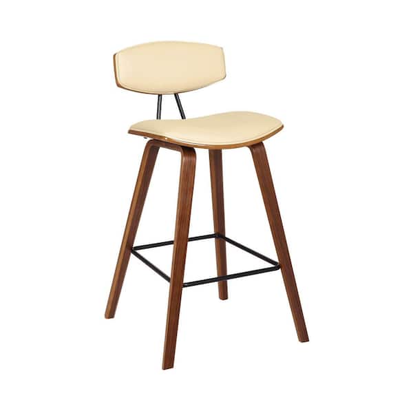 Armen Living Fox 25.5 in. Mid-Century Counter Height Bar Stool in Cream Faux Leather with Walnut Wood
