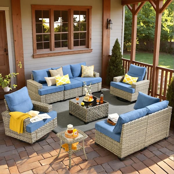 HOOOWOOO Kelleys 9-Piece Wicker Outdoor Patio Conversation Sofa Sectional Furniture Set with Swivel Chairs and Sky Blue Cushions