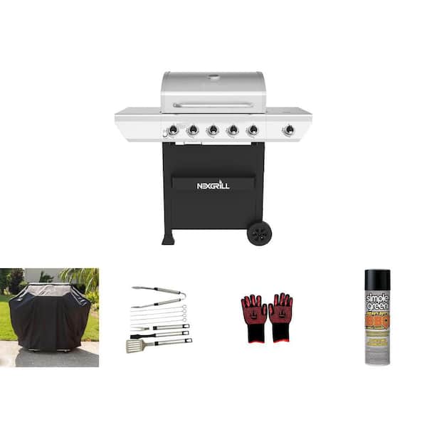 5-Burner Stainless Steel Gas Grill with Side Burner, 52 in. Cover, 8-Piece Tool Set, Gloves and 20 oz. Degreaser