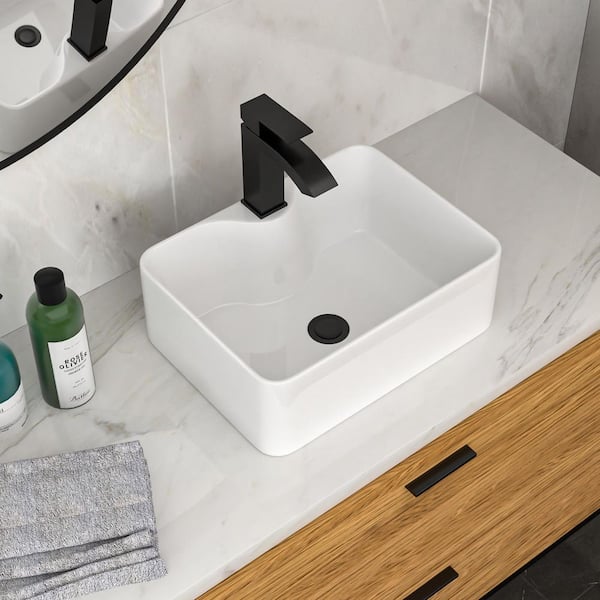 Lyero 16 in. Vessel Bathroom Sink in White Ceramic with Black Faucet and Black Drain