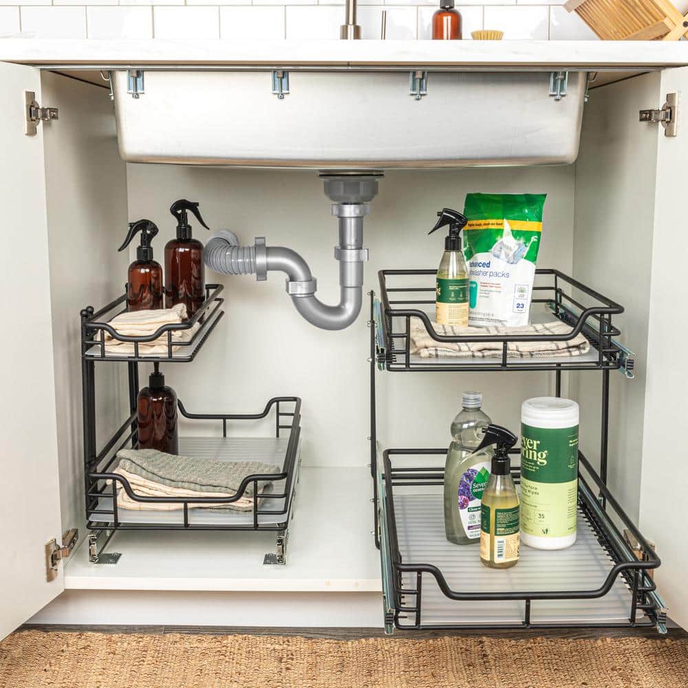 Black Steel 2-Tier Under Sink Storage Organizer with Plastic Liners