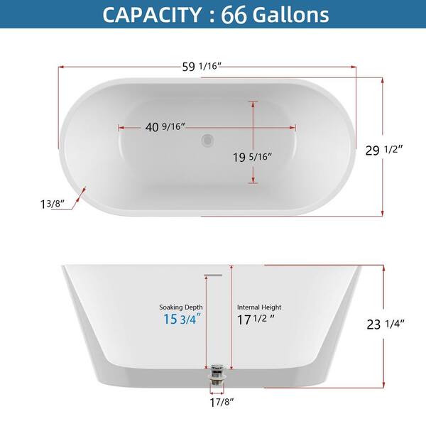 Baily 59 in. Acrylic Oval Slipper Flatbottom Freestanding Bathtub in Glossy White