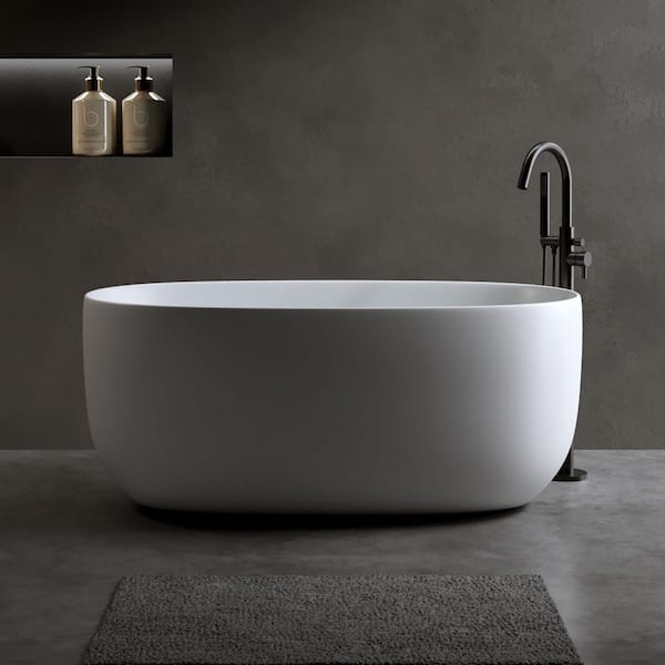 Moray 51 in. x 25 in. Solid Surface Stone Resin Flatbottom Freestanding Double Slipper Soaking Bathtub in Matte White