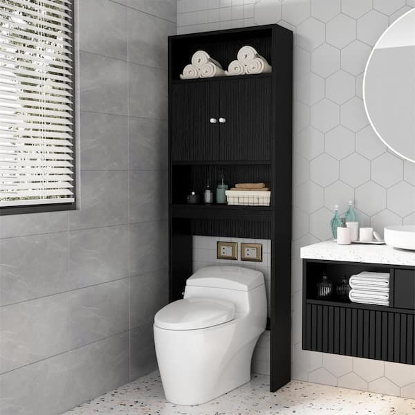 Zeus & Ruta 25 in. W x 77 in. H x 7.9 in. D Black Over the Toilet Storage with Adjustable Shelves