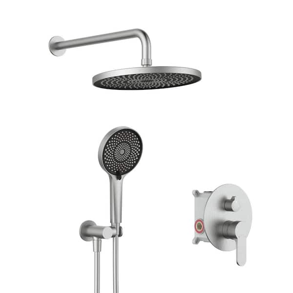 MYCASS Single Handle 3 Spray 10 in. Round Shower Faucet Rain Shower Head 1.8 GPM with Adjustable Flow Rate in Brushed Nickel
