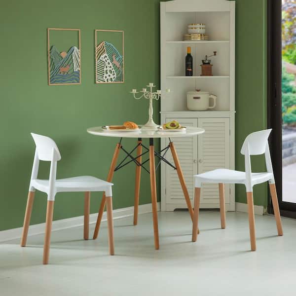 FABULAXE White Modern Plastic Dining Chair Open Back with Beech Wood Legs