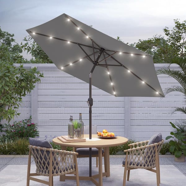 7.5 ft. Solar Lighted LED Patio Market Crank and Tilt Umbrellas, Table Umbrellas, UV-Resistant Canopy in Gray