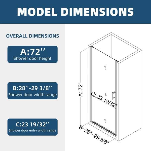 ZXDDMS 28-29 in. W x 72 in. H Semi-Frameless Pivot Shower Door in