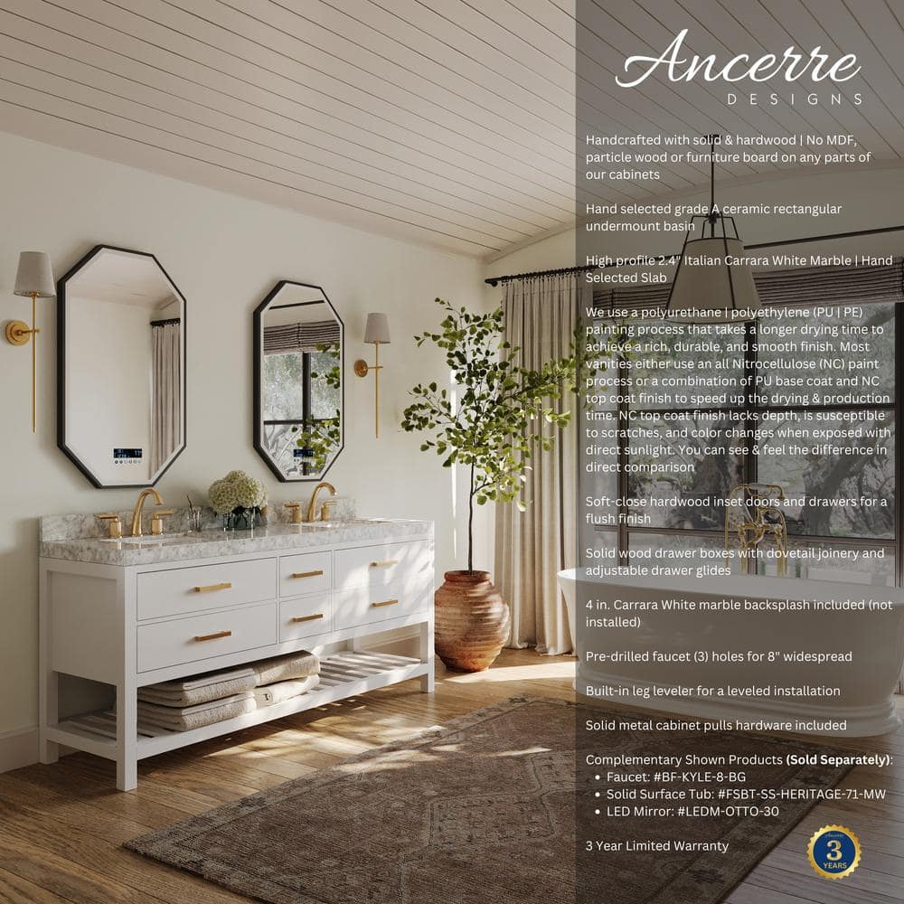 Elizabeth 72" White Double Bathroom Vanity with Gold Hardware