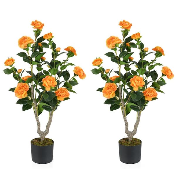 3 ft. Artificial Orange Camellia Tree with Orange Blooming Flower in Pot for In-Outdoor Decor (2 Pack)
