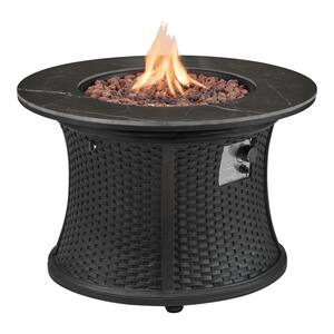 35.2 in. W x 24 in. H Round Wicker Finish Fire Table with Sintered Stone Tabletop