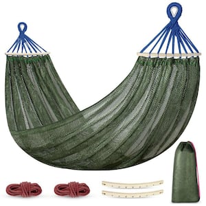 9.5 ft. Portable Breathable Mesh Nylon Hammock Bed with Balance Beam, Tree Ropes and Storage Bag in Green