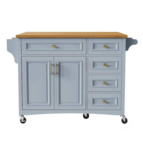 Blue Grey Wood Top 52 in. Kitchen Island with Drop Leaf, 5-Drawers, 2-Doors and Adjustable Shelf