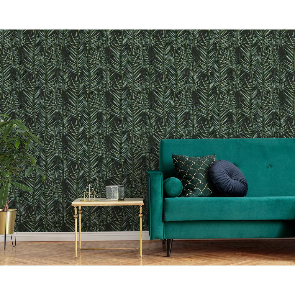 Modern Green and Black Palm Leaf Peel and Stick Wallpaper Roll