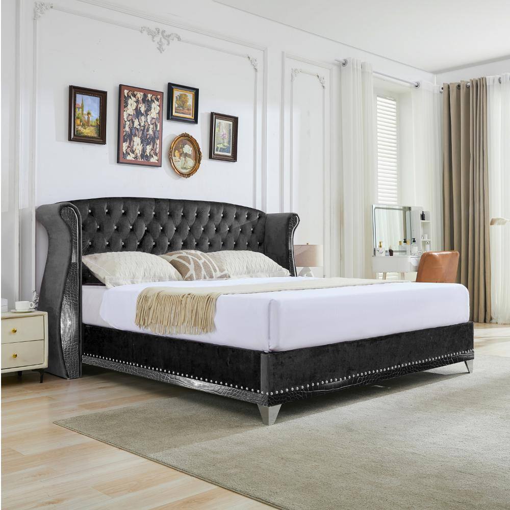Black Wood Frame King Size Upholstered Platform with Thick and Curved Wingback Design and Nailhead Trim price history on PriceWatchPro
