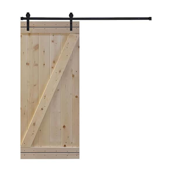 AIOPOP HOME Z-Bar Series 36 in. x 84 in. Unfinished Knotty Pine Wood DIY Sliding Barn Door with Hardware Kit