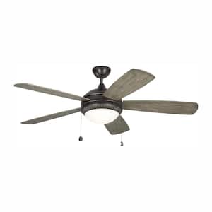 Discus Ornate 52 in. Traditional Integrated LED Indoor Aged Pewter Ceiling Fan with Light Grey Weathered Oak Blades