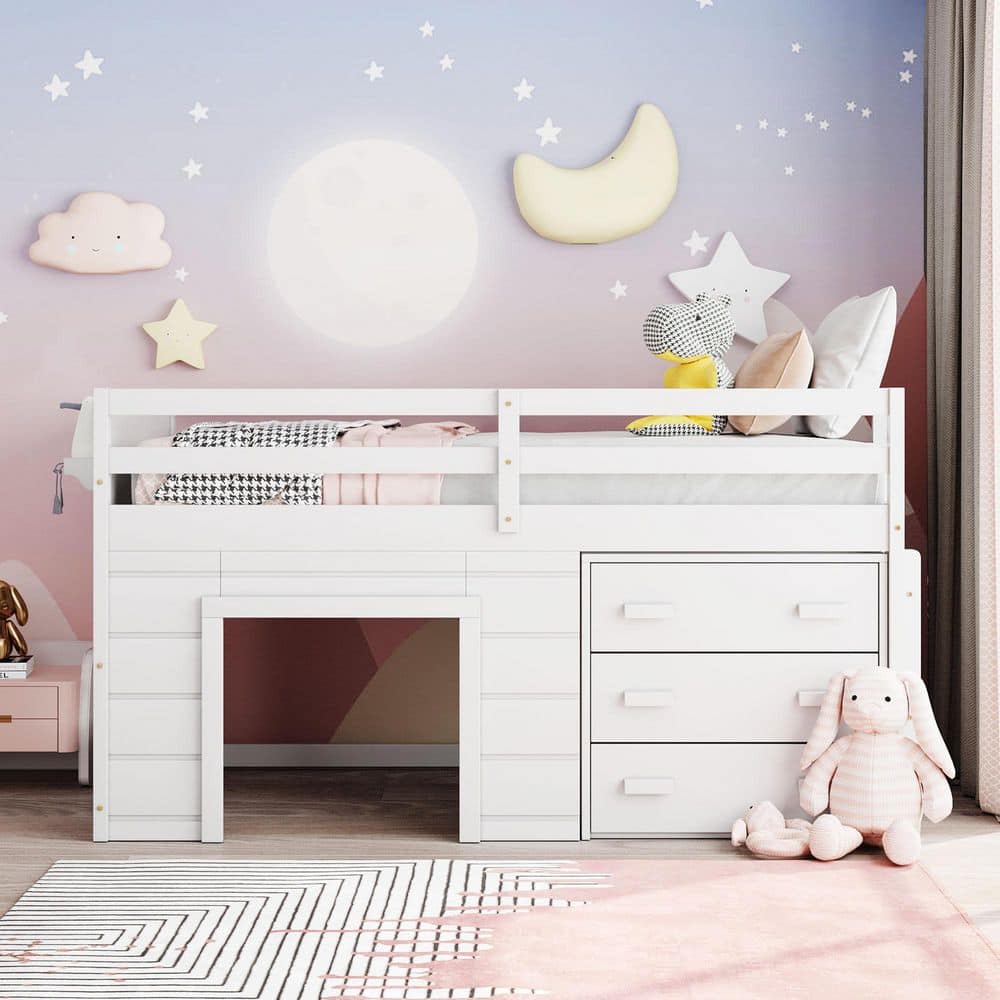 White Twin Size Pine Loft Bed with Storage Drawers