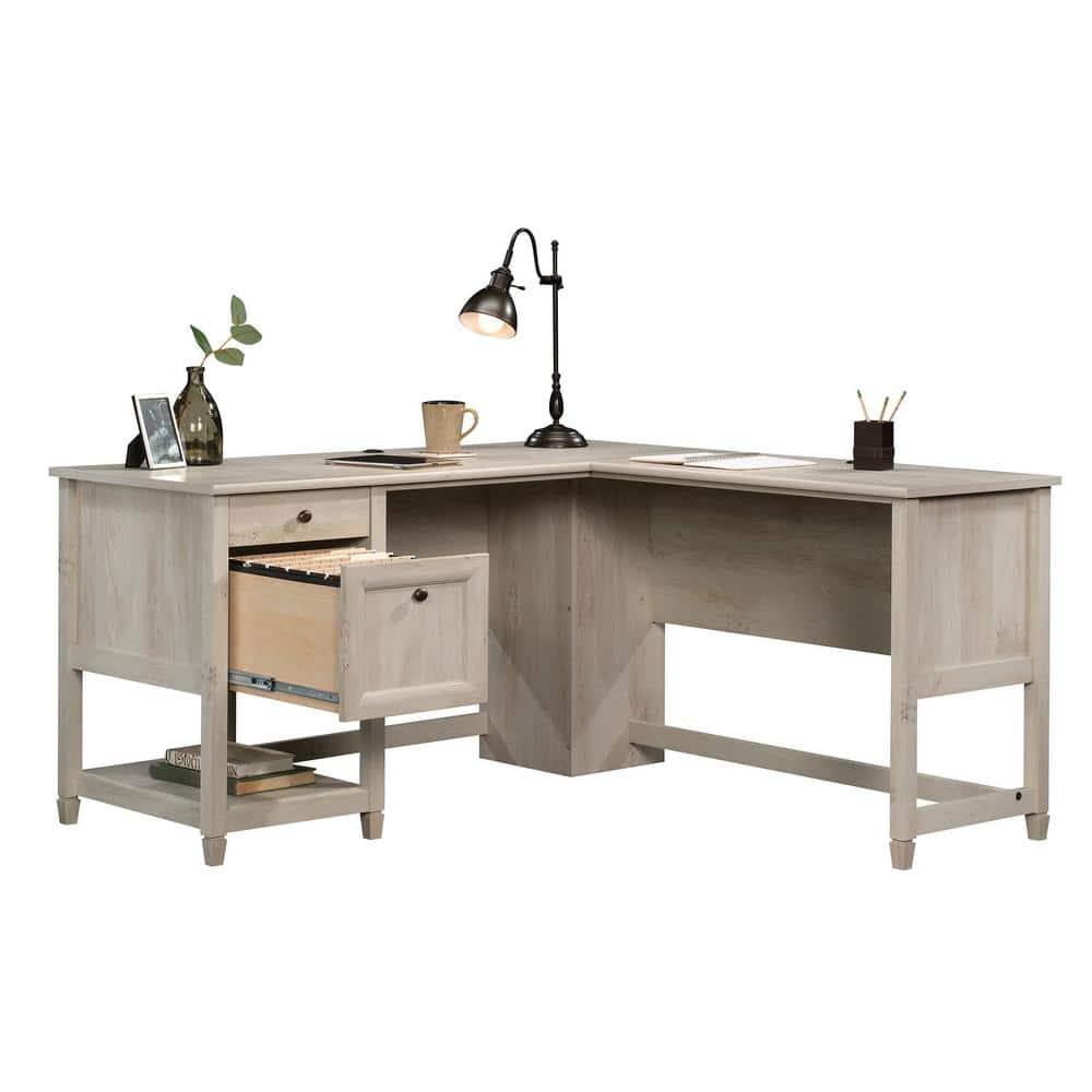 Chalked Chestnut L-Shaped Computer Desk with Drawer and Filing Cabinet