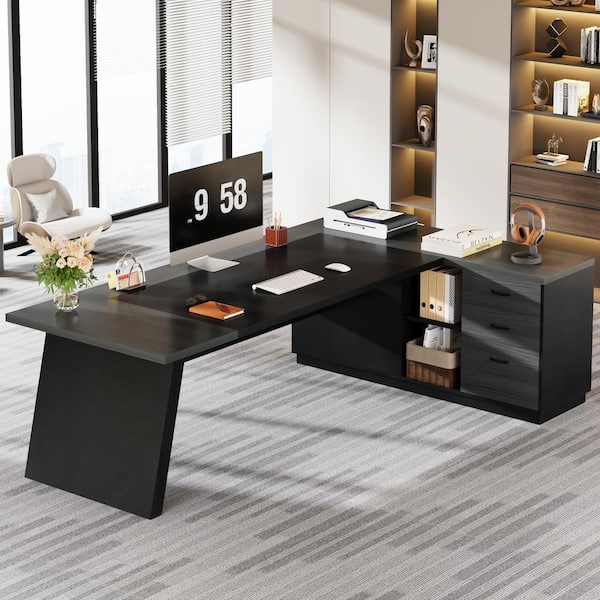 Capen 78 in. L Shaped Gray and Black Wood Executive Desk with Lateral File Cabinet, Modern Computer Desk for Home Office