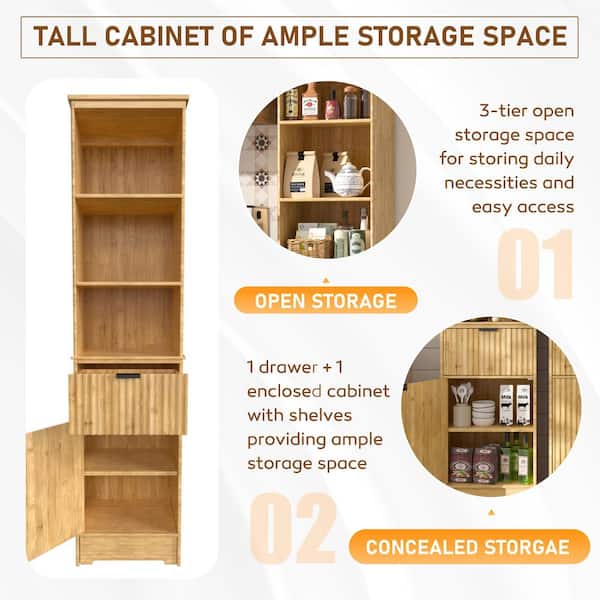68 in. H Bamboo Accent Cabinet Storage Tall Cabinet with Curved Profile and Drawer in Yellow