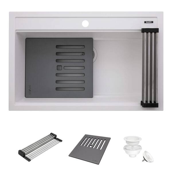 EpiCube 34 in. Drop-in Single Bowl White Granite Quartz Composite Kitchen Sink with Accessories