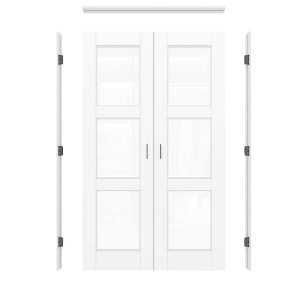 48 in. x 80 in. 3-Lite Clear Glass Universal White Solid Core Glass Double Prehung French Door+ Separate Jamb&Ball Catch