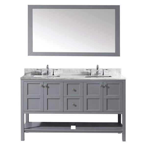 Virtu USA Winterfell 60 in. W Bath Vanity in Gray with Marble Vanity Top in White with Square Basin and Mirror