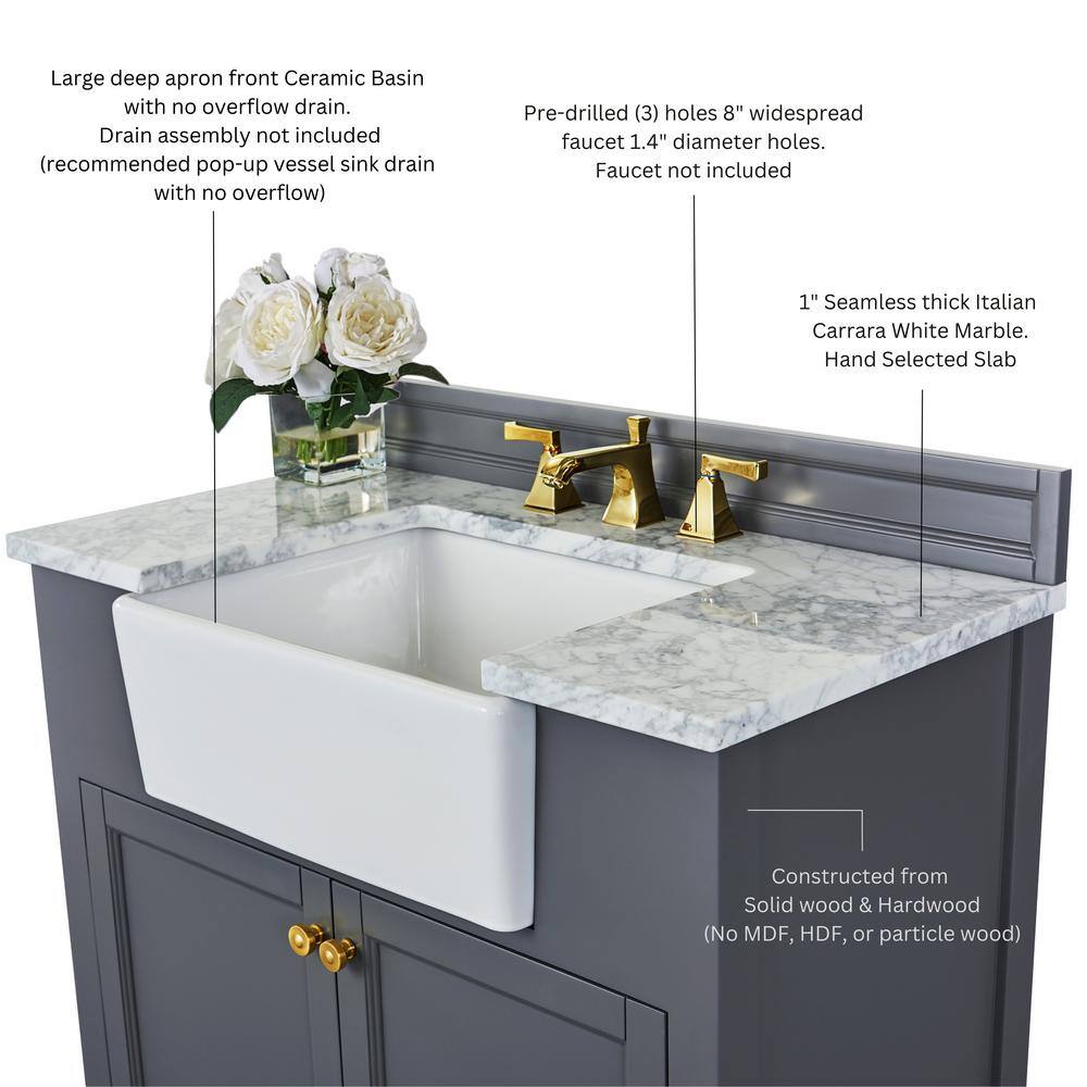 Adeline 36'' Sapphire Gray Wood Bathroom Vanity with Marble Top