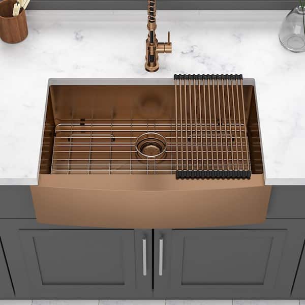 36 in. Farmhouse Single Bowl 16-Gauge Rose Gold Stainless Steel Kitchen Sink with Bottom Grids