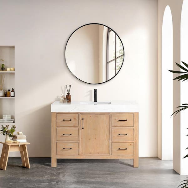 León 48 in.W x 22 in.D x 34 in.H Single Sink Bath Vanity in Fir Wood Brown with White Composite Stone Top