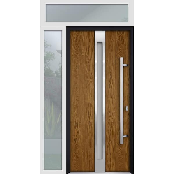 52 in. x 96 in. Left-Hand/Inswing 2 Sidelights Frosted Glass Oak Steel Prehung Front Door with Hardware