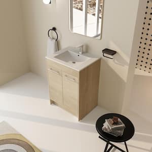 24 in. W x 18.3 in. D x 33.8 in. H Freestanding Bath Vanity in Plain Light Oak with White Ceramic Top and Basin