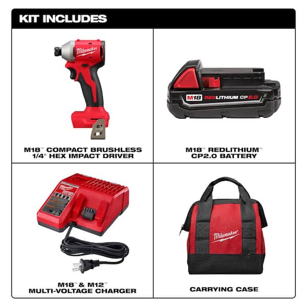 Milwaukee M18 18V Lithium Ion Compact Brushless Cordless 1/4 in. Impact Driver Combo Kit with SHOCKWAVE Screwdriver Bit Set