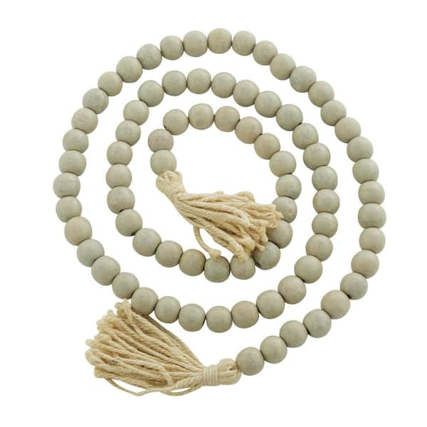 Litton Lane Gray Handmade Mango Wood Round Long Carved Beaded Garland with Tassel