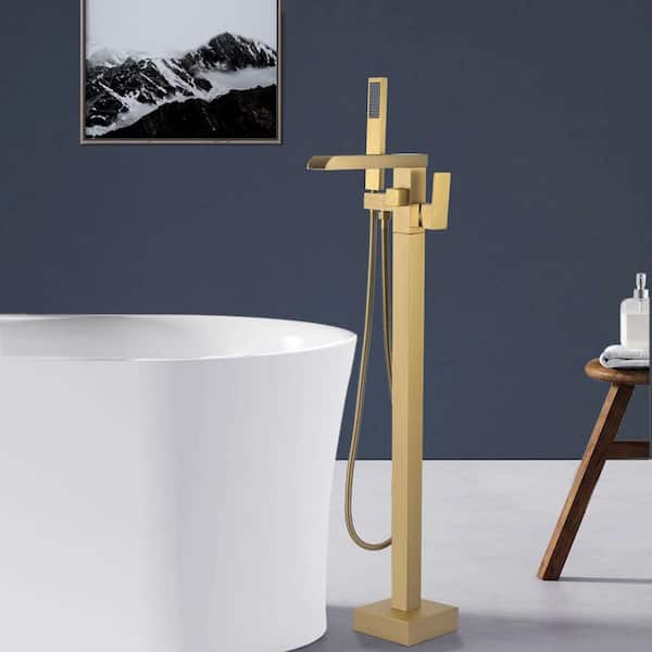 Satico Single-Handle Floor Mounted Freestanding Tub Faucet with Hand Shower in Brushed Brass