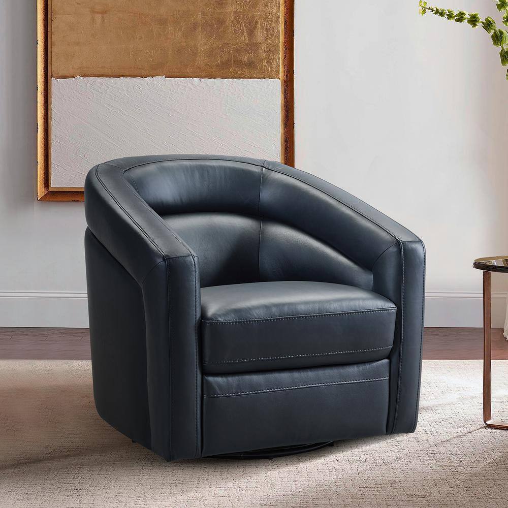 Contemporary Black Leather Swivel Barrel Accent Chair with Wood Base