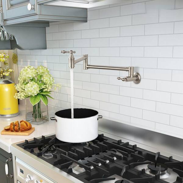 Residential Wall-Mount Retro Pot Filler Faucet with Dual Handles and 20 in. Swing Arm in Brushed Nickel