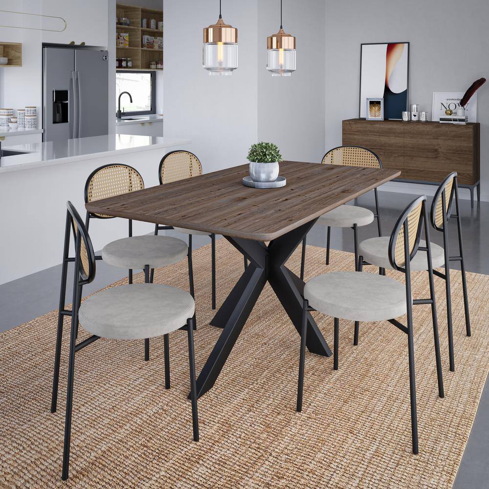 Ravenna 69" Rectangular Wood Dining Table with 6-Piece Euston Wicker Dining Chairs in Rustic/Grey