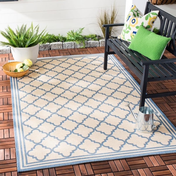Beach House Cream/Blue 4 ft. x 4 ft. Border Trellis Indoor/Outdoor Patio  Square Area Rug