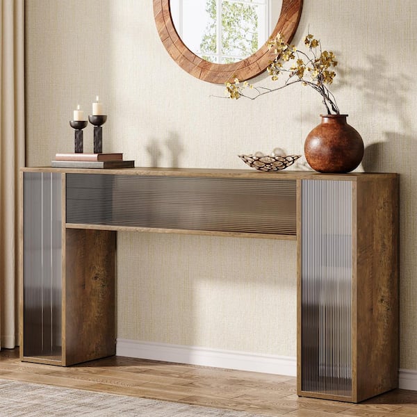 BYBLIGHT Turrella 63 in. Brown Rectangle Wood Console Table with LED Lights, Farmhouse Entryway Sofa Table Behind Couch for Foyer