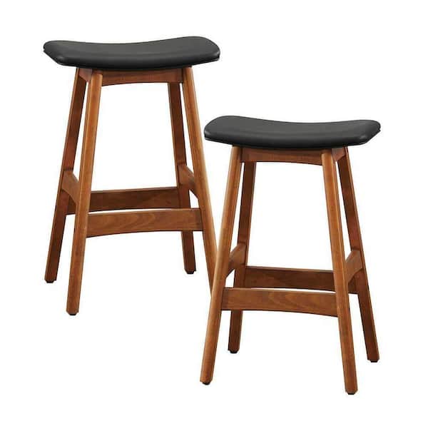 EVERGLADE HOME Lillie 25.5 in. Walnut Backless Wood Frame Bar Stool with Matt Black Faux Leather Seat (Set of 2)