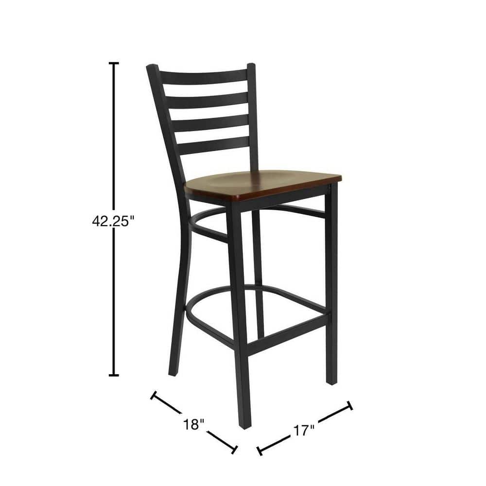 Elegant Black Metal Ladder Back Barstool with Mahogany Wood Seat