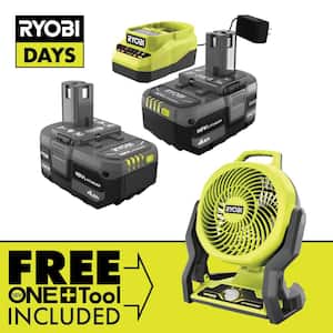 RYOBI ONE+ 18V Lithium-Ion 4.0Ah Compact Battery (2-Pack) and Charger Kit with FREE Cordless ONE+ Hybrid Fan